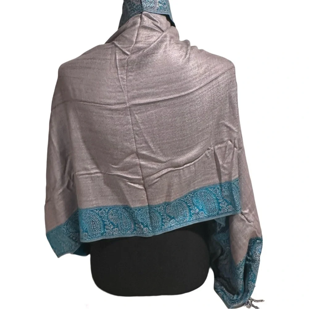 Elegant Large Shawl Wrap Double-sided Super Soft Quality Rayon Silver Aquamarine